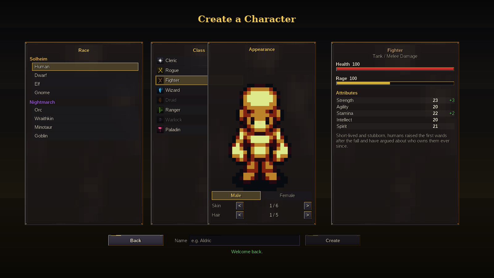 Character creation showing races of both factions