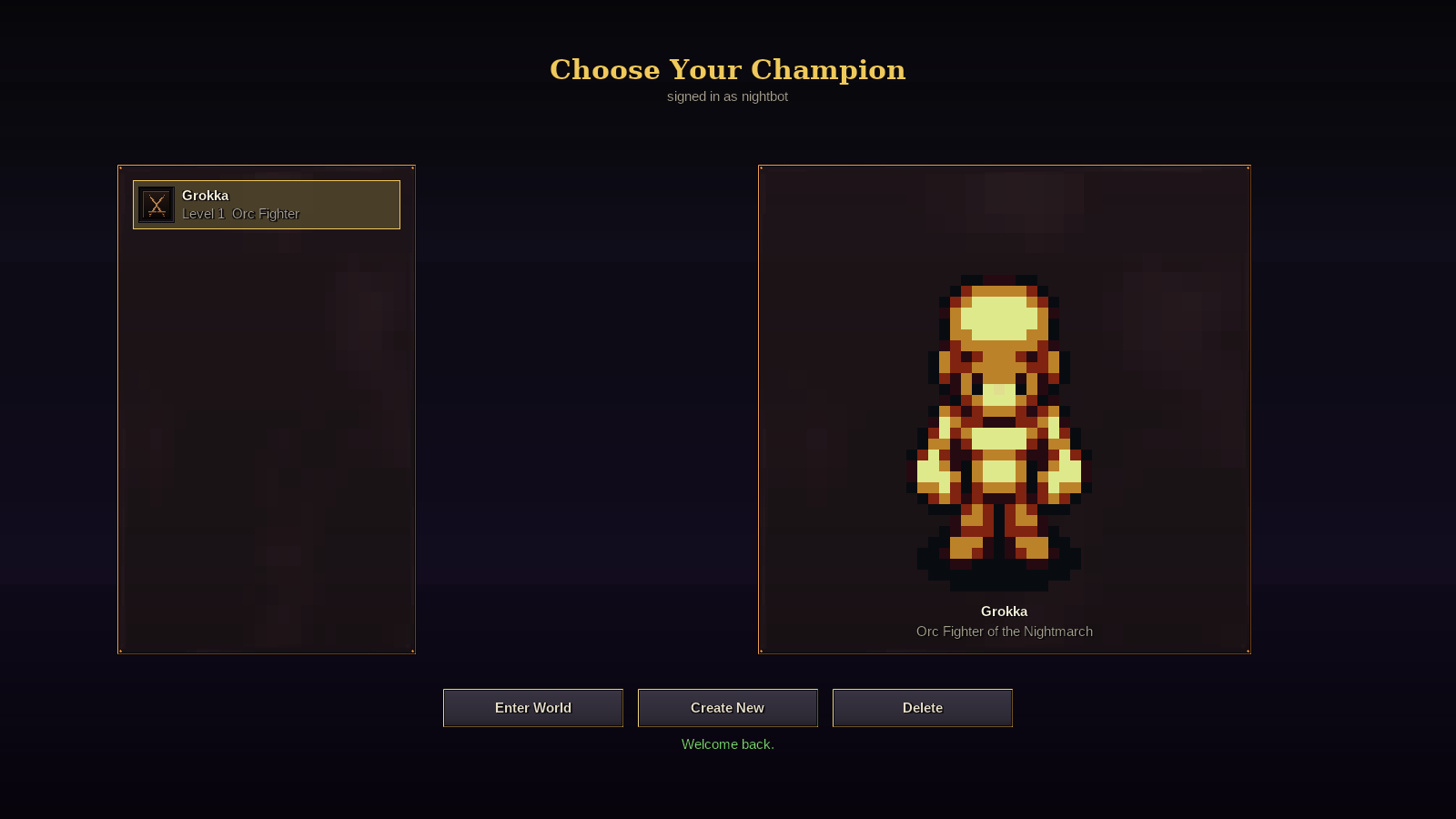 Character select screen showing an orc fighter of the Nightmarch